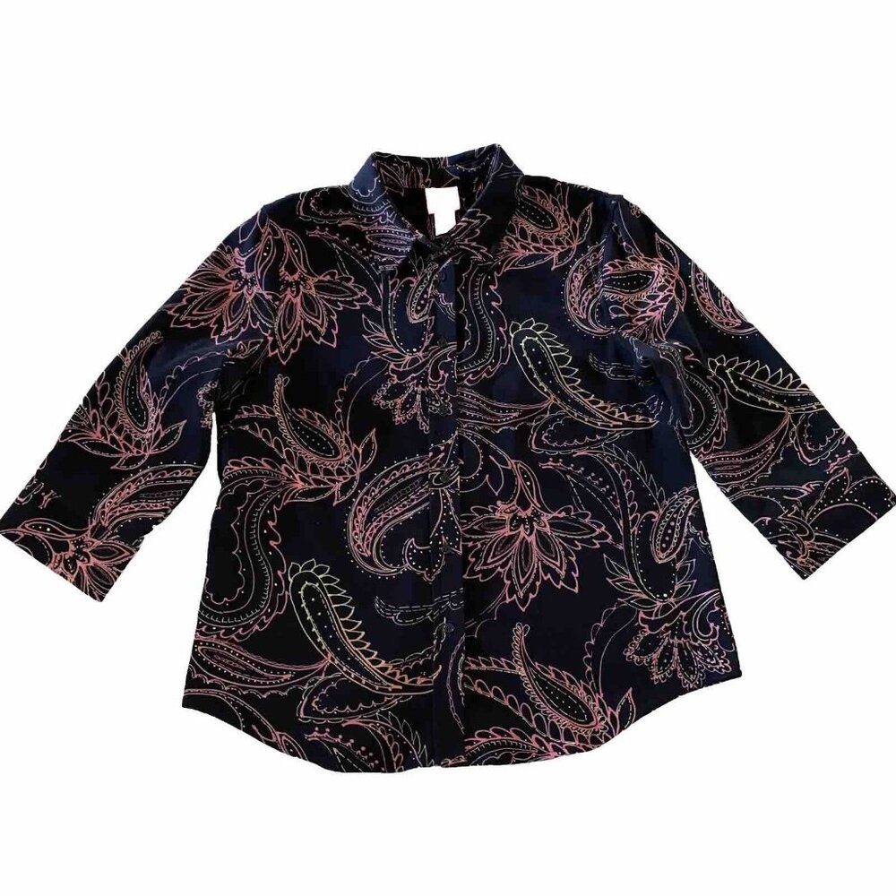 Hearts Of Palm Blouse Women's Size 14 Paisley Black Collar Button Front Ladies